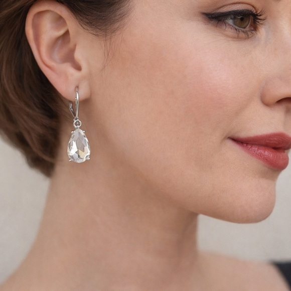 Napier Jewelry - (R32) Napier Clear Crystal Teardrop Leverback Dangle Earrings Silver Tone